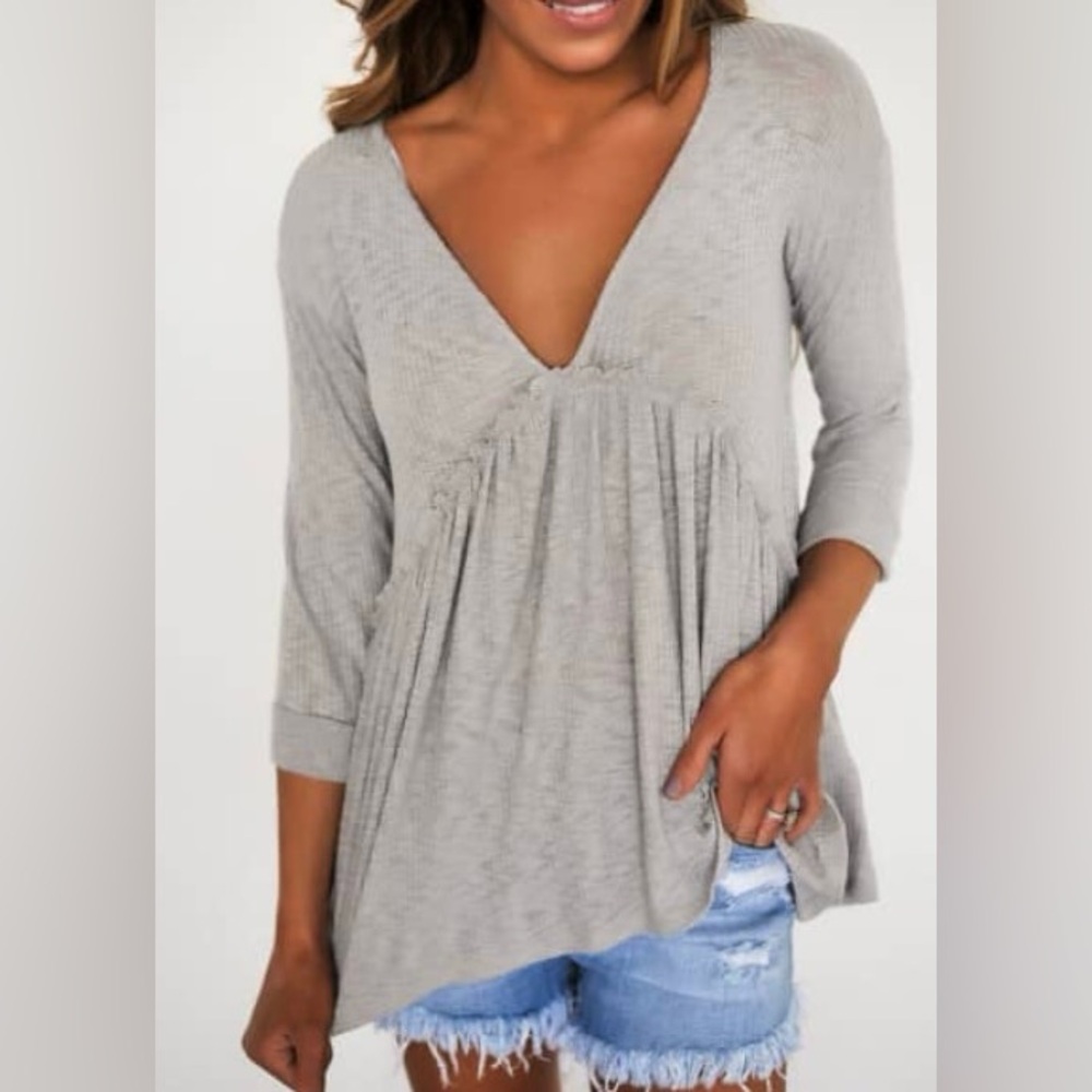 Gray Waffle V Neck Swing Top